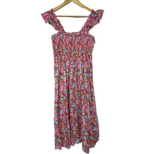 Shoshanna Orange‎ Floral Midi Sundress Size L – Smocked Cotton Fairycore Brunch